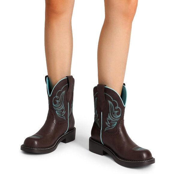 Women's Cowgirl Round Toe Embroidered Mid Calf Western Boot Concert Brown Blue - Picture 7 of 7